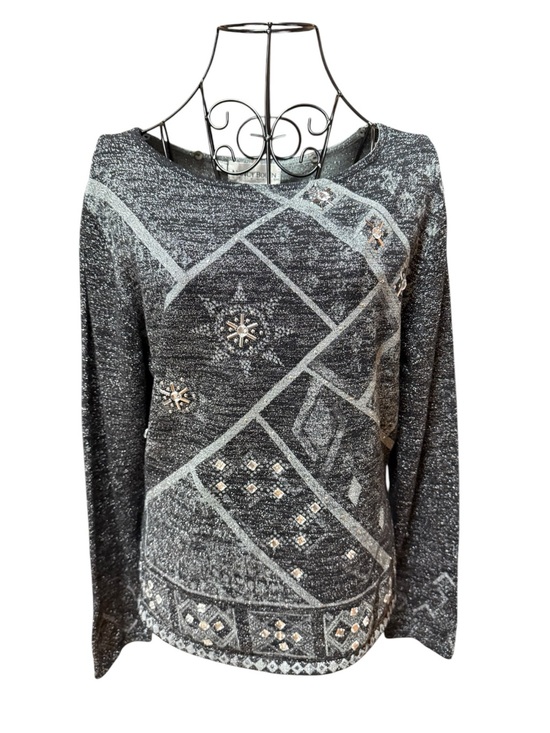 Nancy Bolen Tops - Nancy Bolen City Girl Embellished Metallic Knit Silk Blend Top in Charcoal small